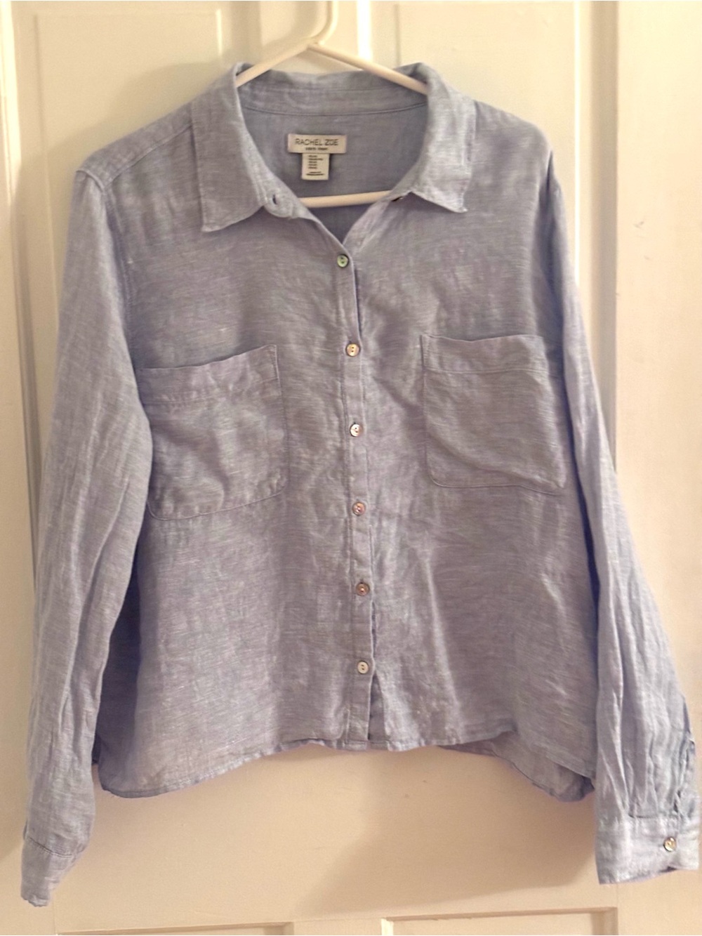 Rachel Zoe 100% Linen Button Down Shirt XL Light Blue Long Sleeve Top